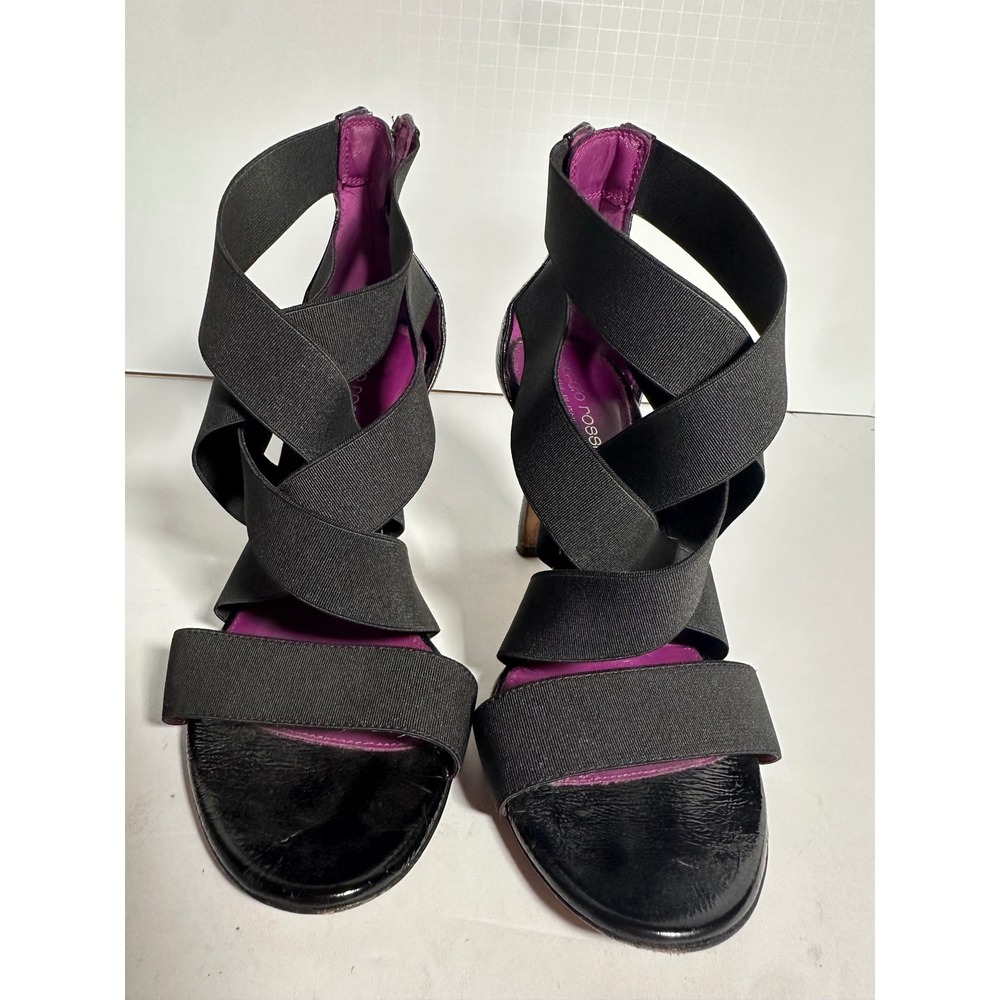 Sergio Rossi Black Elastic Cage Sandals Patent Leather Heels Purple Insole 7/7.5 - Picture 4 of 7